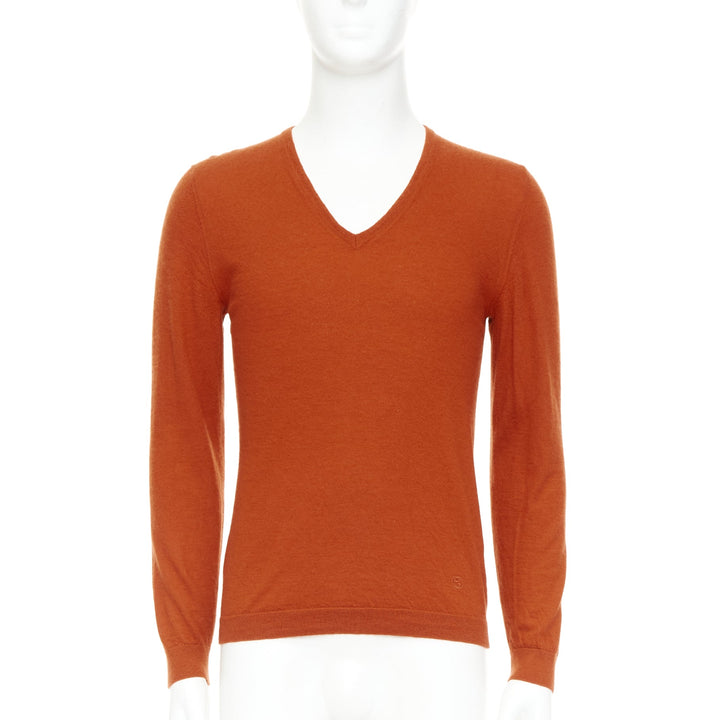 GUCCI 100% cashmere burnt orange  V-neck GG logo embroidery sweater L