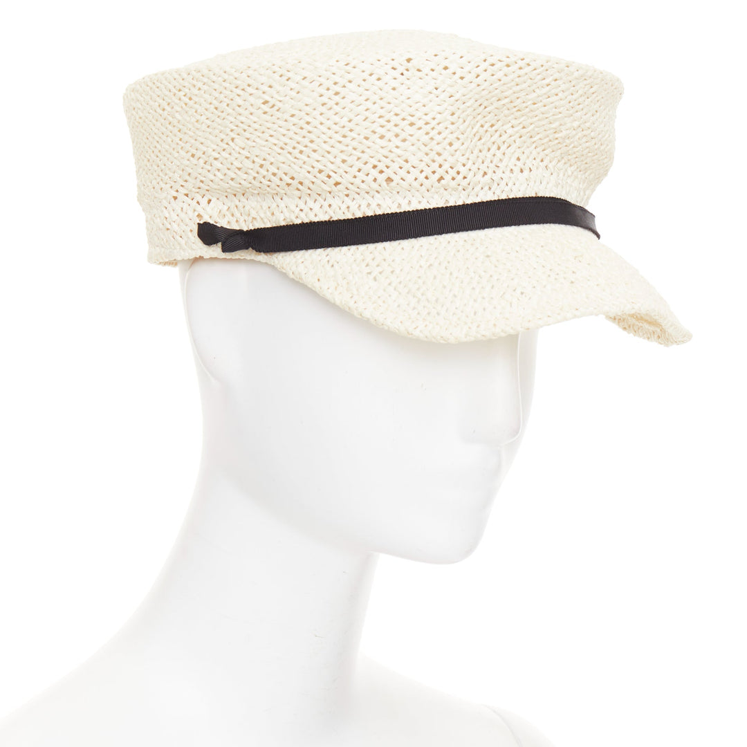 MAISON MICHEL Abbey Sailor light beige raffia MM logo black ribbon cap M
