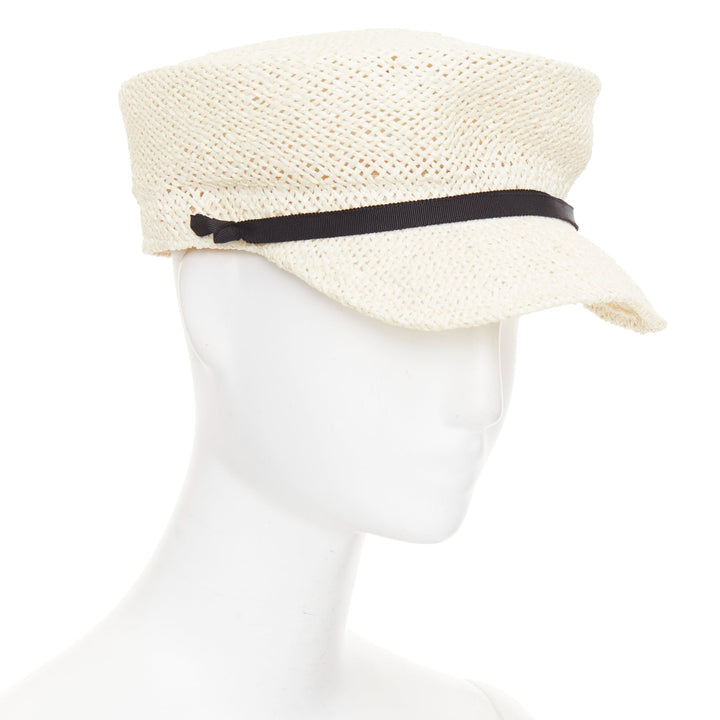 MAISON MICHEL Abbey Sailor light beige raffia MM logo black ribbon cap M