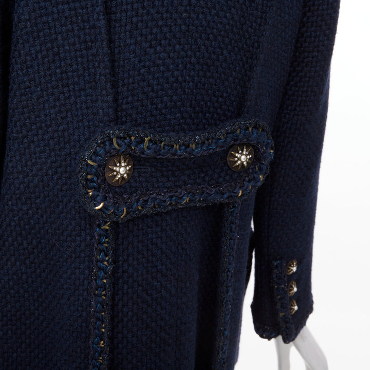 CHANEL 2015 Paris Salzburg navy alpaca blend braid trim open tweed coat FR34 XS