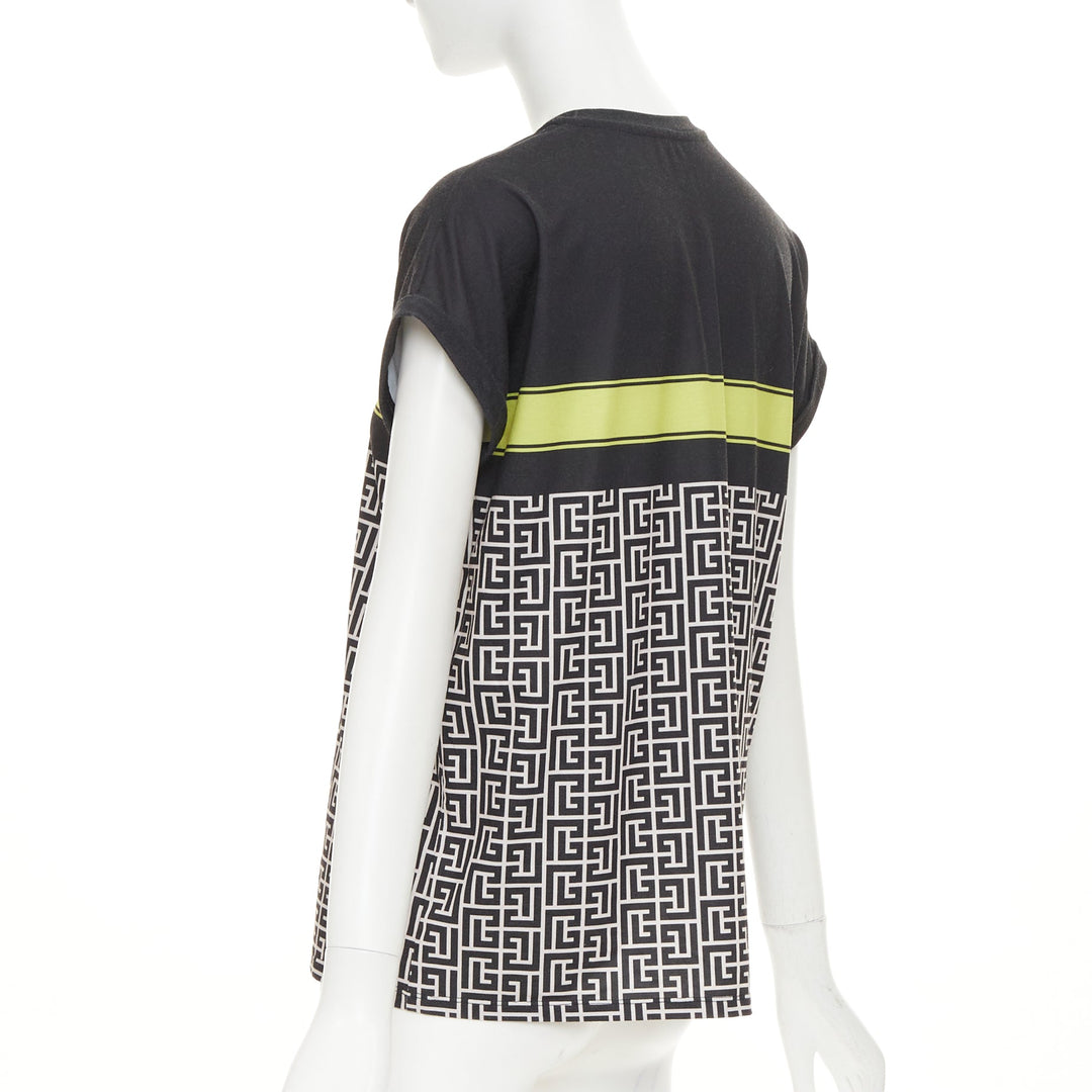 BALMAIN black yellow logo graphic printed rolled sleeves tshirt XS