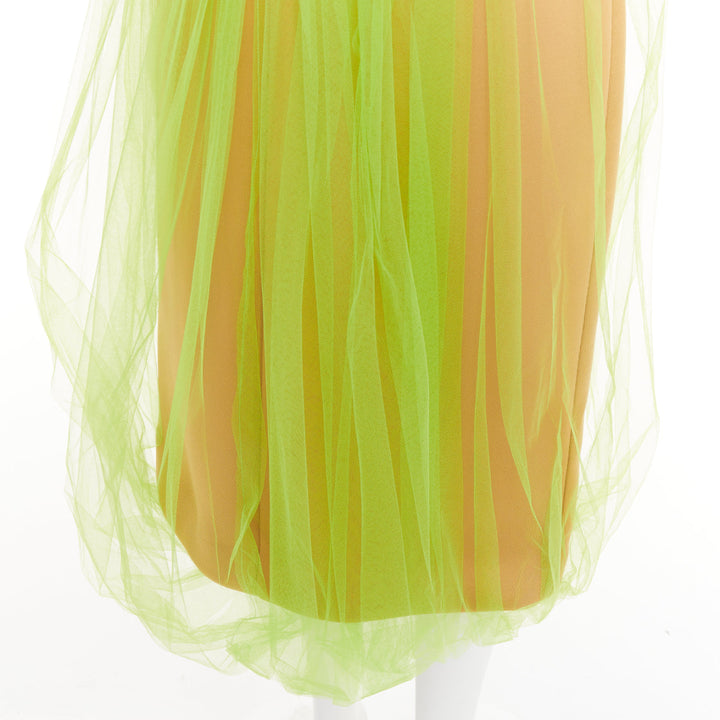 PRADA 2018 Runway neon green Technical Tulle Overlay V-Neck Bubble Dress IT42 M
