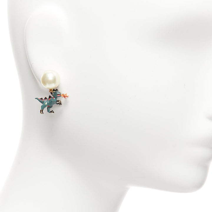 rare DIOR Tribale pearl green dragon dinosaur charm pin earrings pair