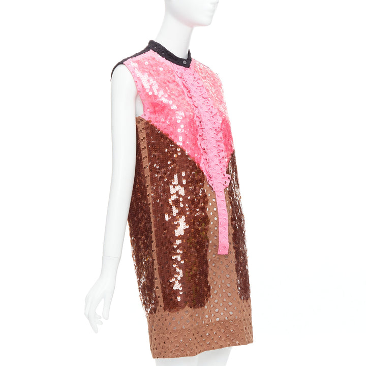 rare LOUIS VUITTON pink brown colorblock sequin embroidery anglais dress FR34 XS