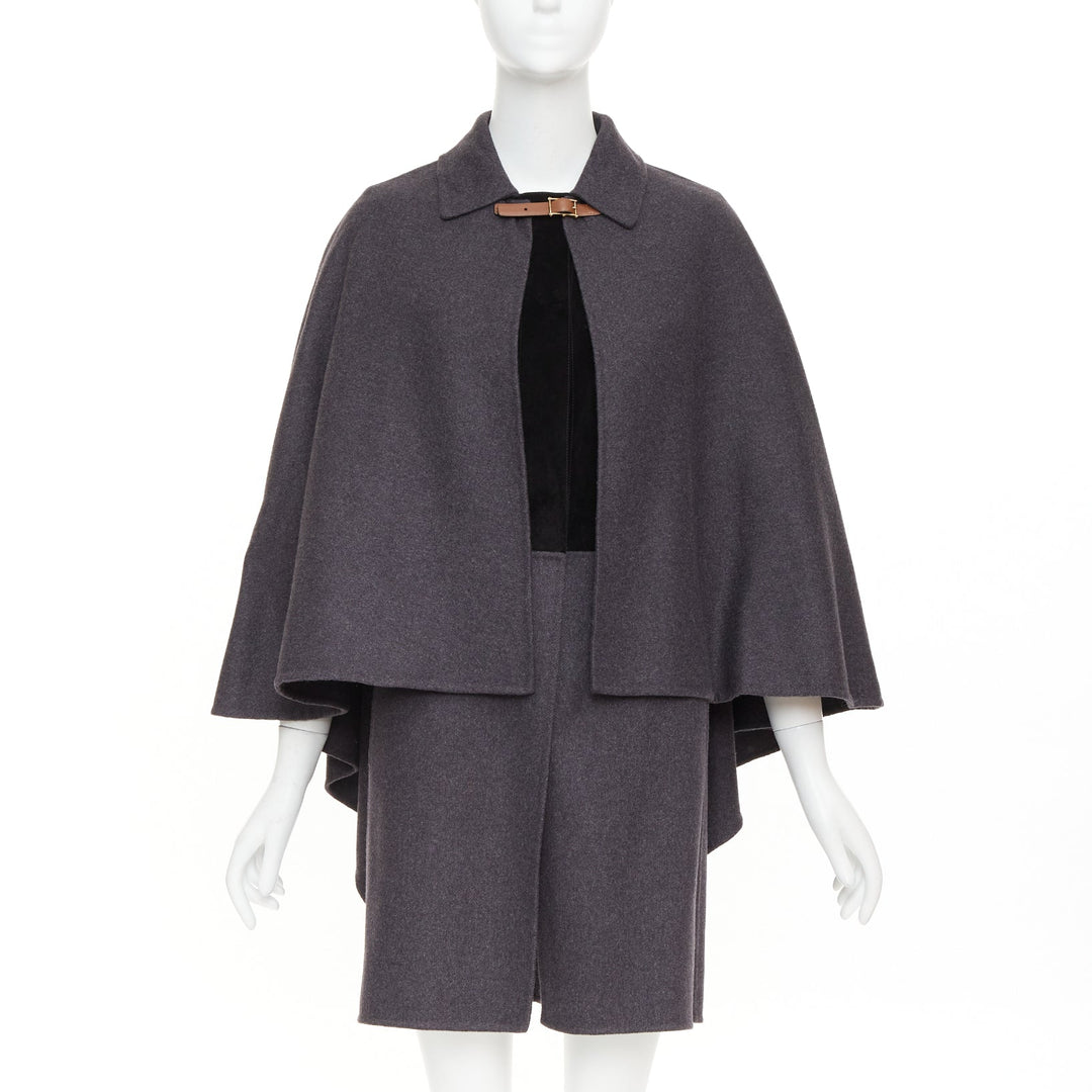 VALENTINO dark grey wool angora brown leather cape sleeve layered coat IT38 XS