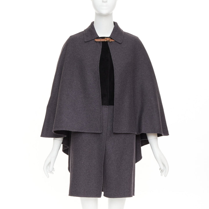 VALENTINO dark grey wool angora brown leather cape sleeve layered coat IT38 XS