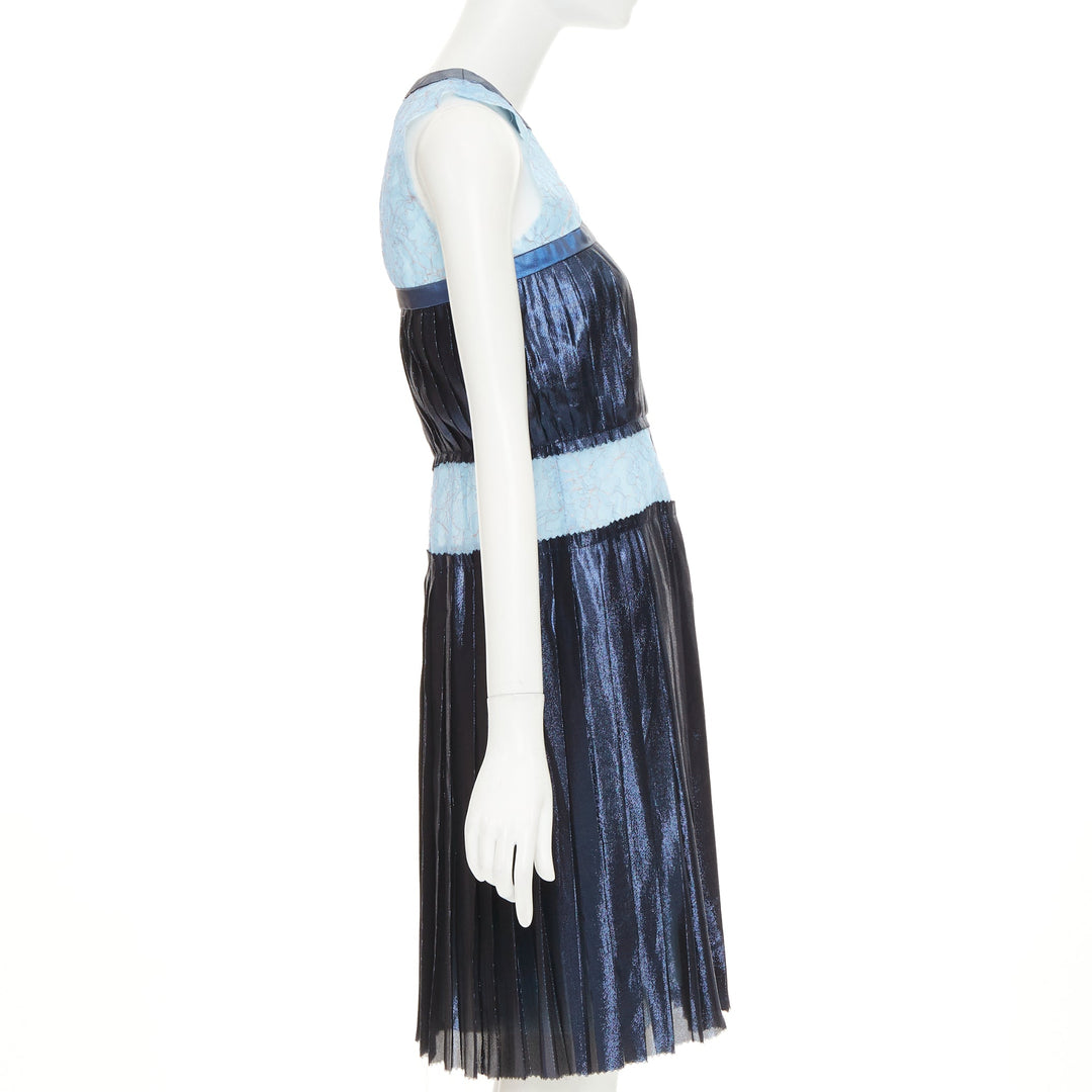 RODARTE 2008 Runway metallic blue silk blend pleated knee dress US6 M