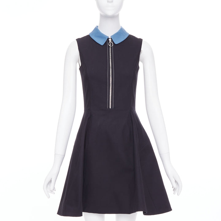 CHRISTIAN DIOR blue black cotton half zip A-line silk dress FR34 XS Elle Fanning
