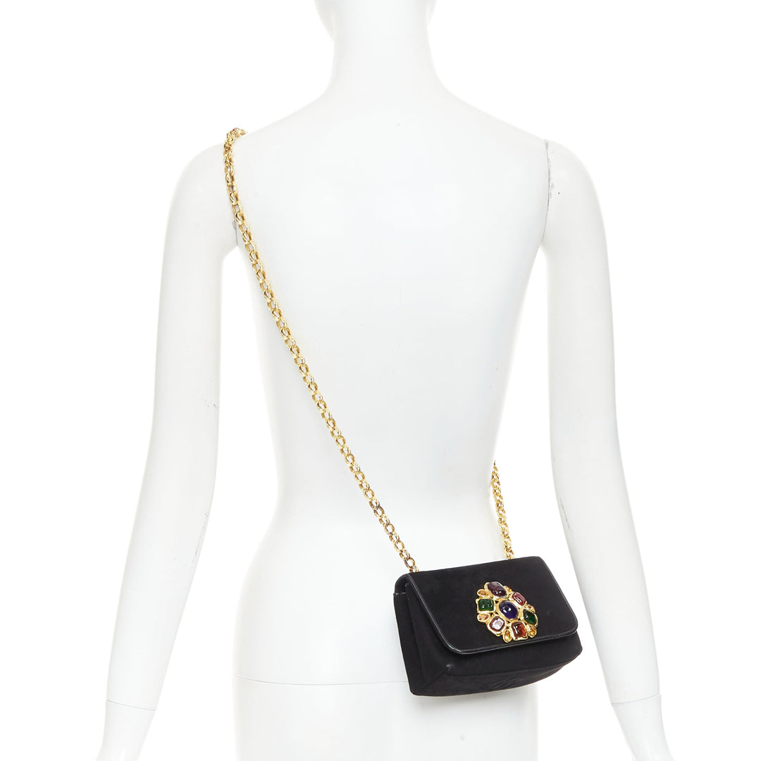 rare CHANEL 1990s Vintage black suede red Gripoix black gold chain crossbody bag