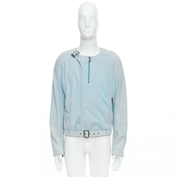 BOTTEGA VENETA light blue soft leather off centre biker jacket IT50 L