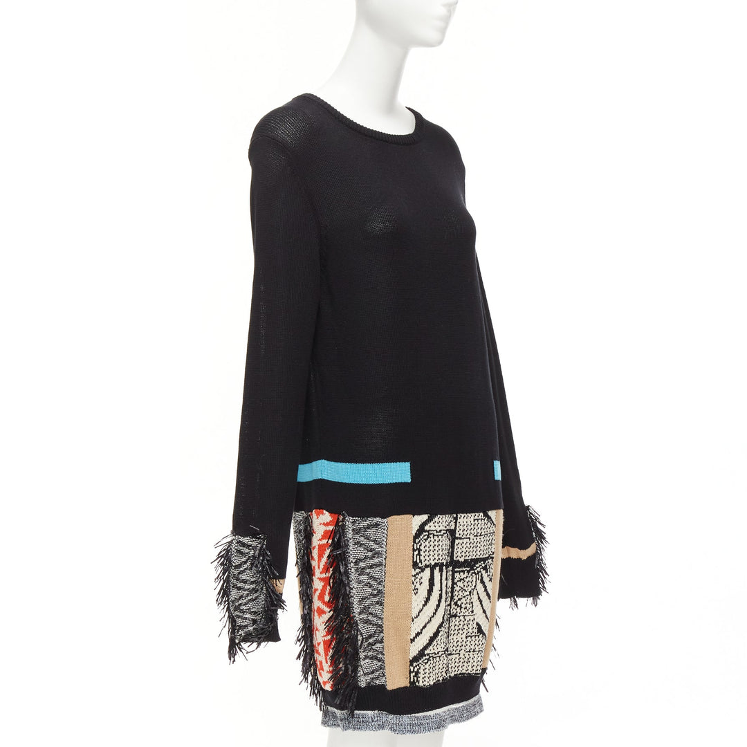 TOGA ARCHIVES PULLA black cotton oriental motif colourful fringe dress IT40 S