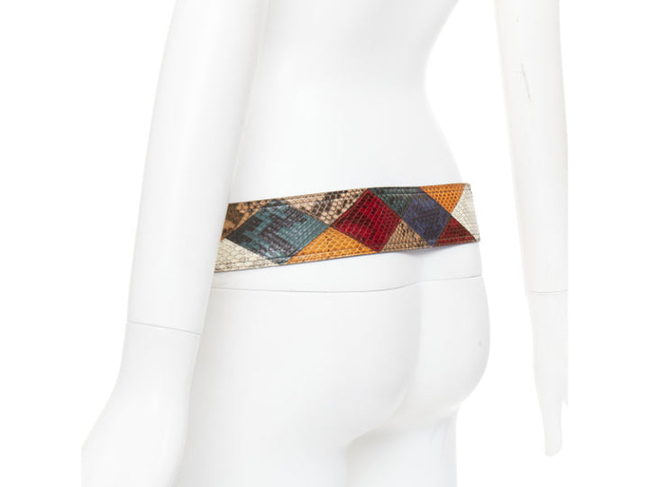 SAINT LAURENT diamond patchwork multicolor scaled leather statement belt 85cm