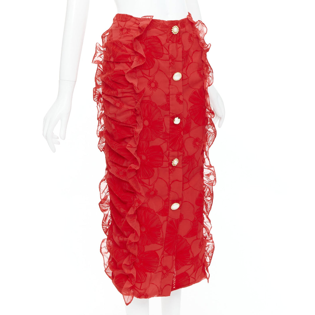 MOTHER OF PEARL LONDON red velvet sheer ruffle button pencil skirt UK6 XS