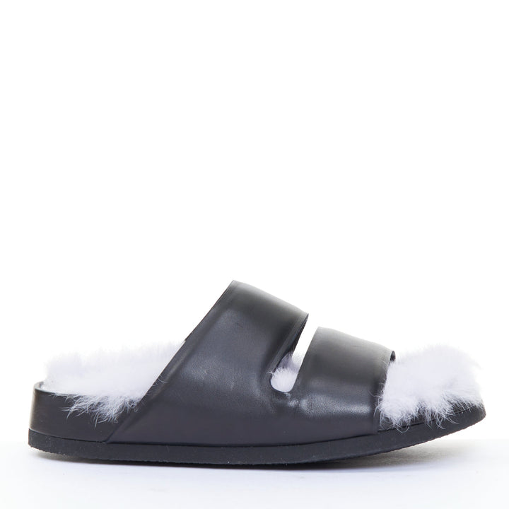 CELINE 2013 Phoebe Philo Runway black leather lilac shearling slide sandals EU37