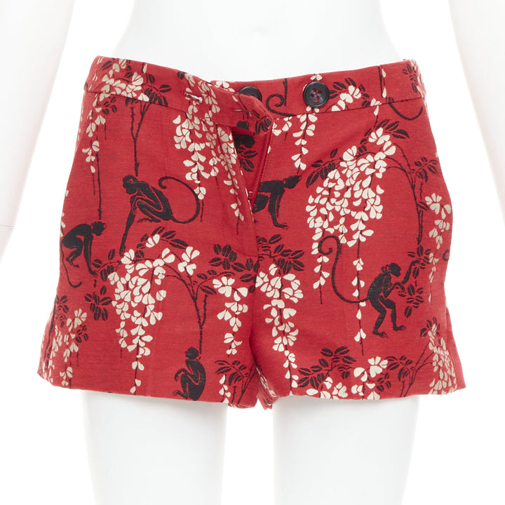 RED VALENTINO red monkey floral cotton blend jacquard mini shorts IT38 XS
