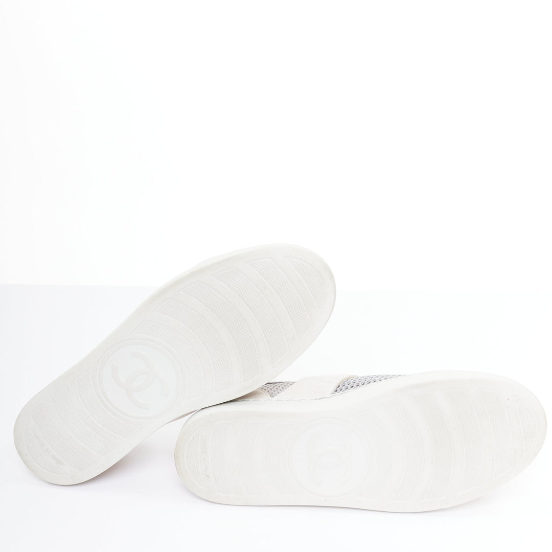 CHANEL 2015 grey mesh CC logo cream suede panelled sneakers EU36.5