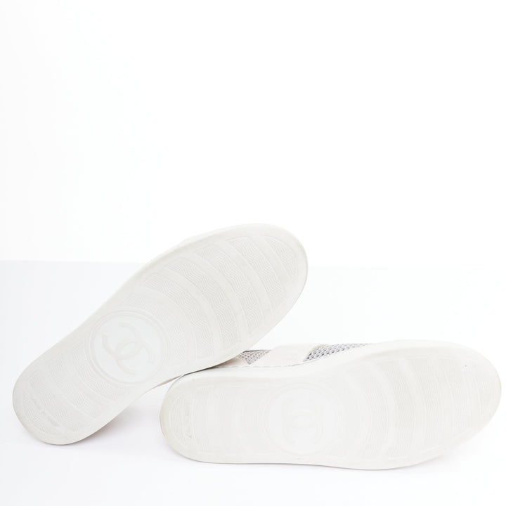 CHANEL 2015 grey mesh CC logo cream suede panelled sneakers EU36.5