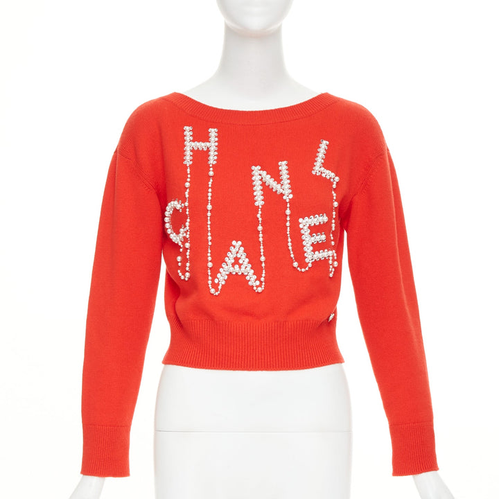 CHANEL 21S Runway 100% cashmere red pearl crystal beads spellout sweater FR34 XS