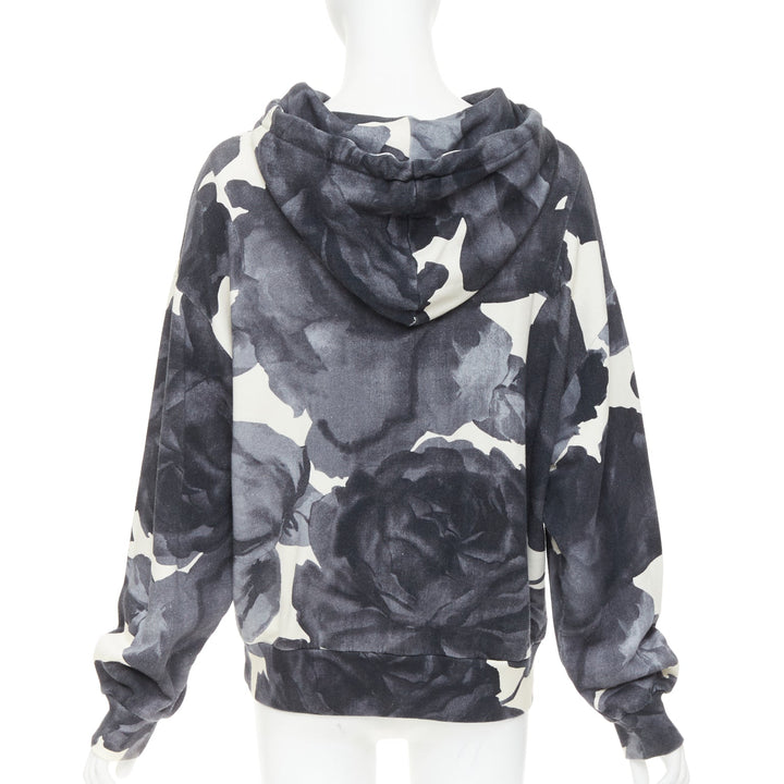 DRIES VAN NOTEN grey ivory cotton abstract rose print black drawstring hoodie S