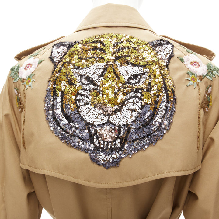 GUCCI gold sequins tiger flower embroidery beige belted trench coat IT38 XS
