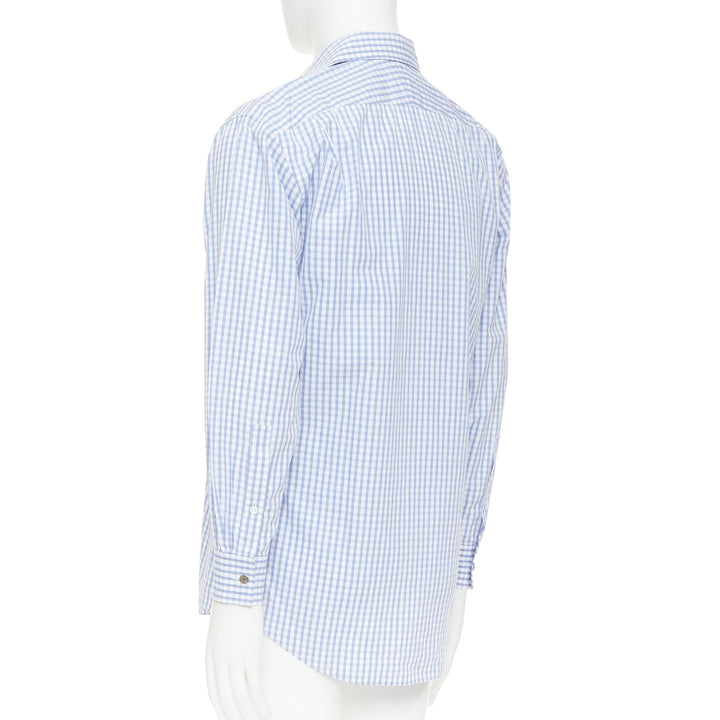 HERMES  blue white checked 100% cotton collared long sleeve shirt EU39 M