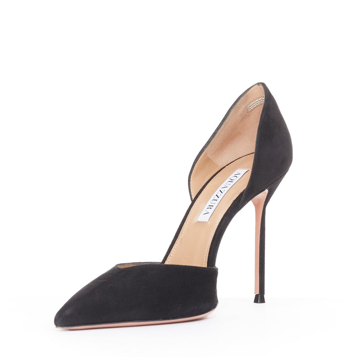 AQUAZZURA Uptown 105 black suede leather point toe dorsay pumps EU38