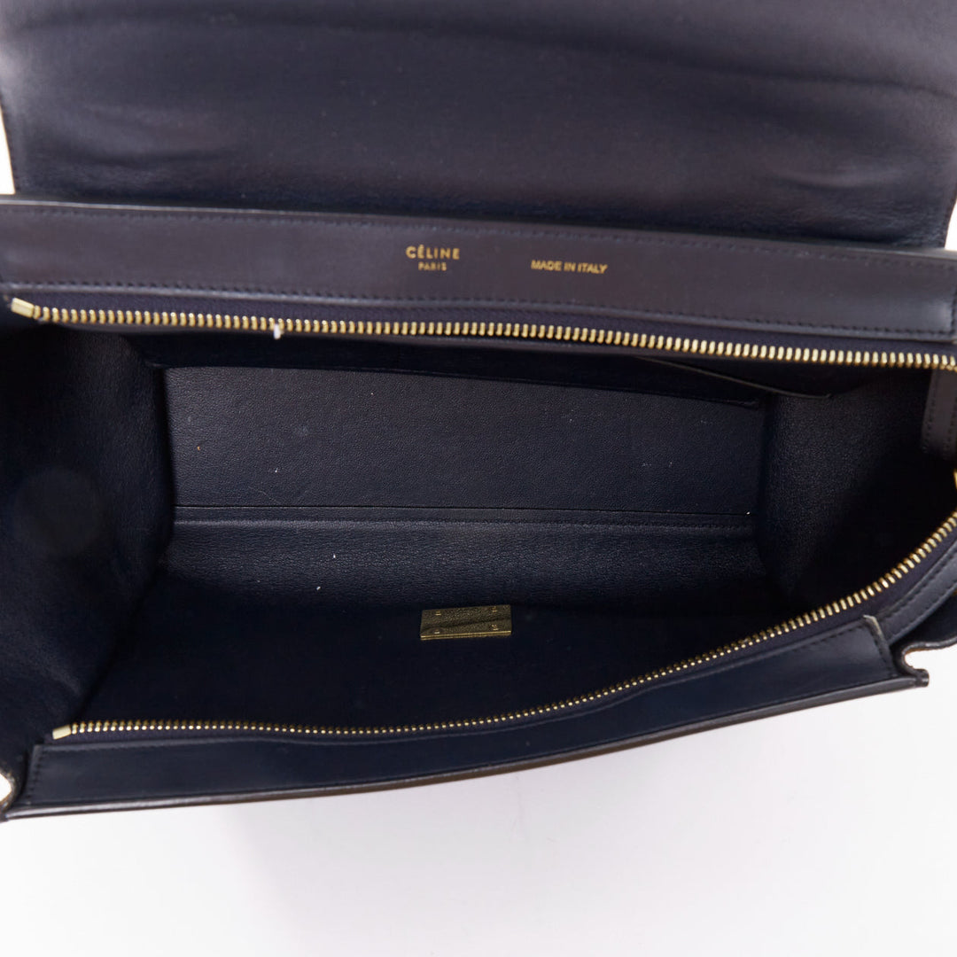 CELINE Trapeze beige scaled leather flap navy brown gold hardware bag