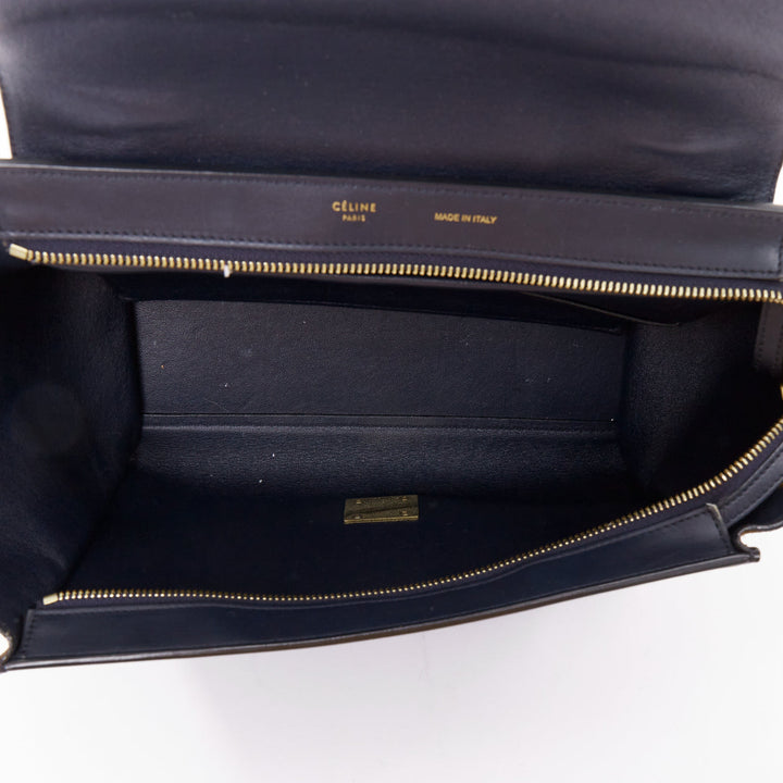 CELINE Trapeze beige scaled leather flap navy brown gold hardware bag