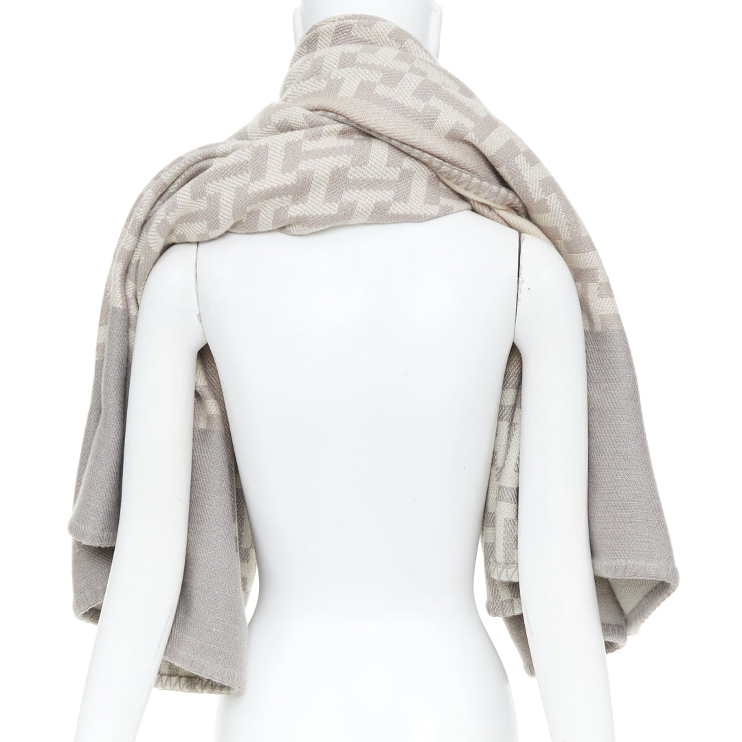 HERMES Avalon Nepal grey intarsia monogram logo knit wool cashmere blanket scarf