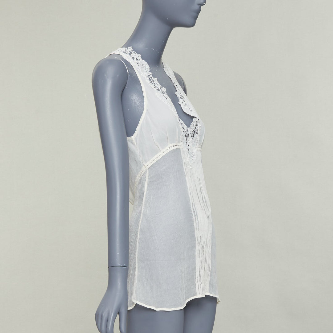 LA PERLA cream silk floral lace trim pleated deep V back cut out tank top Sz1 XS