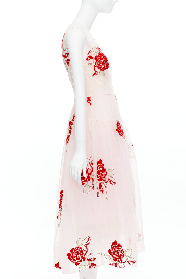 SIMONE ROCHA 2020 Runway  pink red rose floral embroidery tulle dress UK8 S