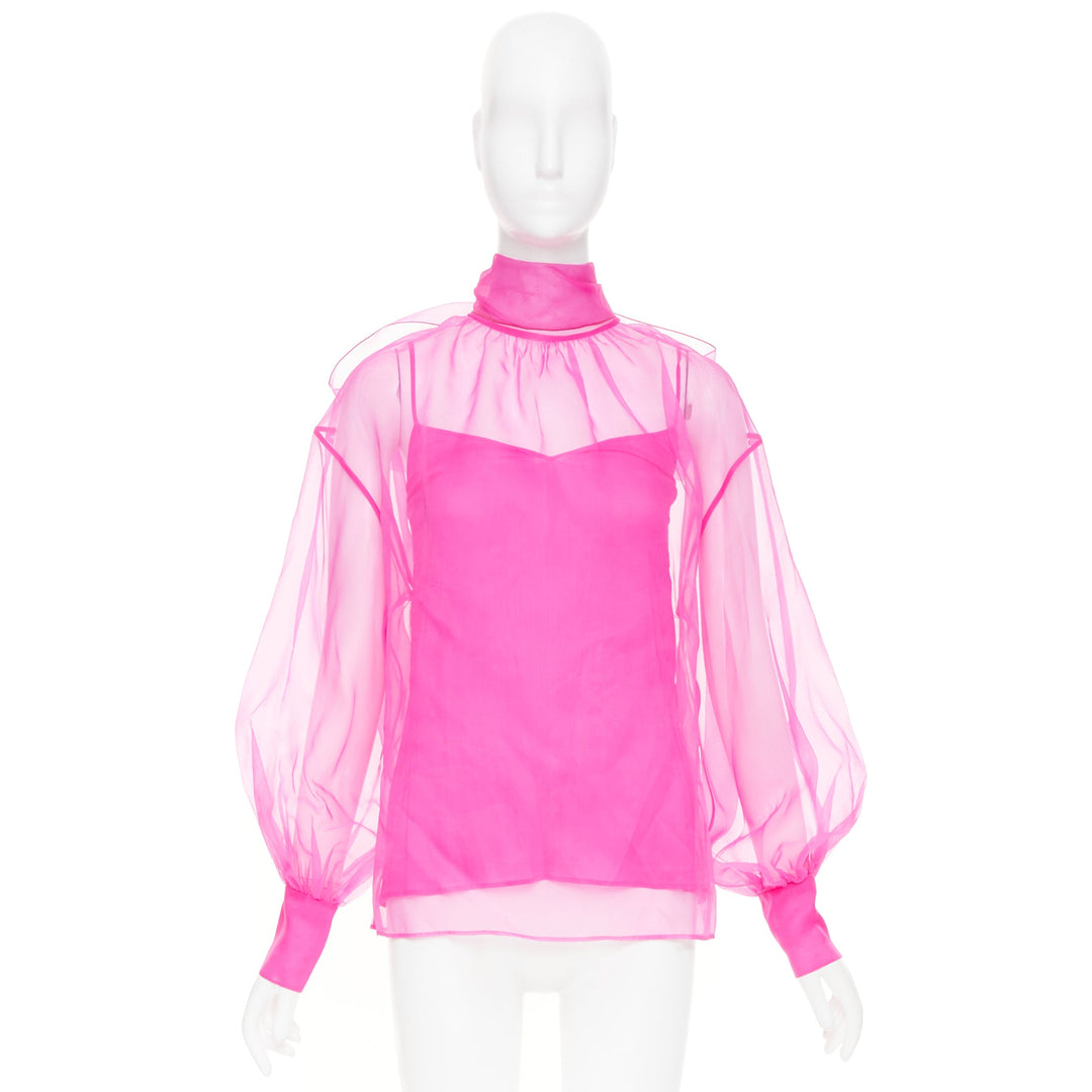 VALENTINO 2022 Runway Pink PP high neck sheer silk organza blouse shirt IT36 XXS