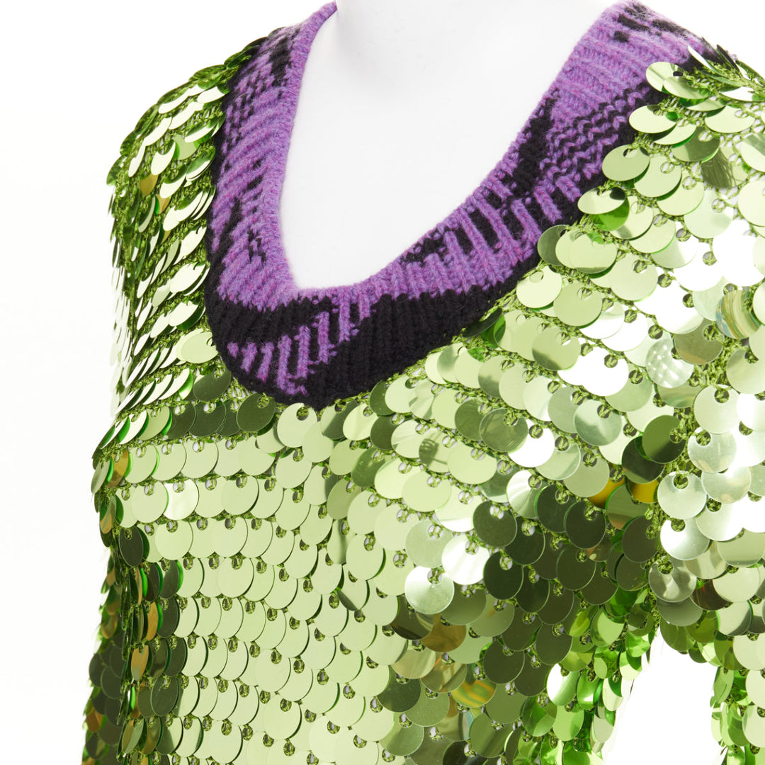 PRADA 2021 Runway green sequin paillettes purple jacquard trim dress IT38 XS