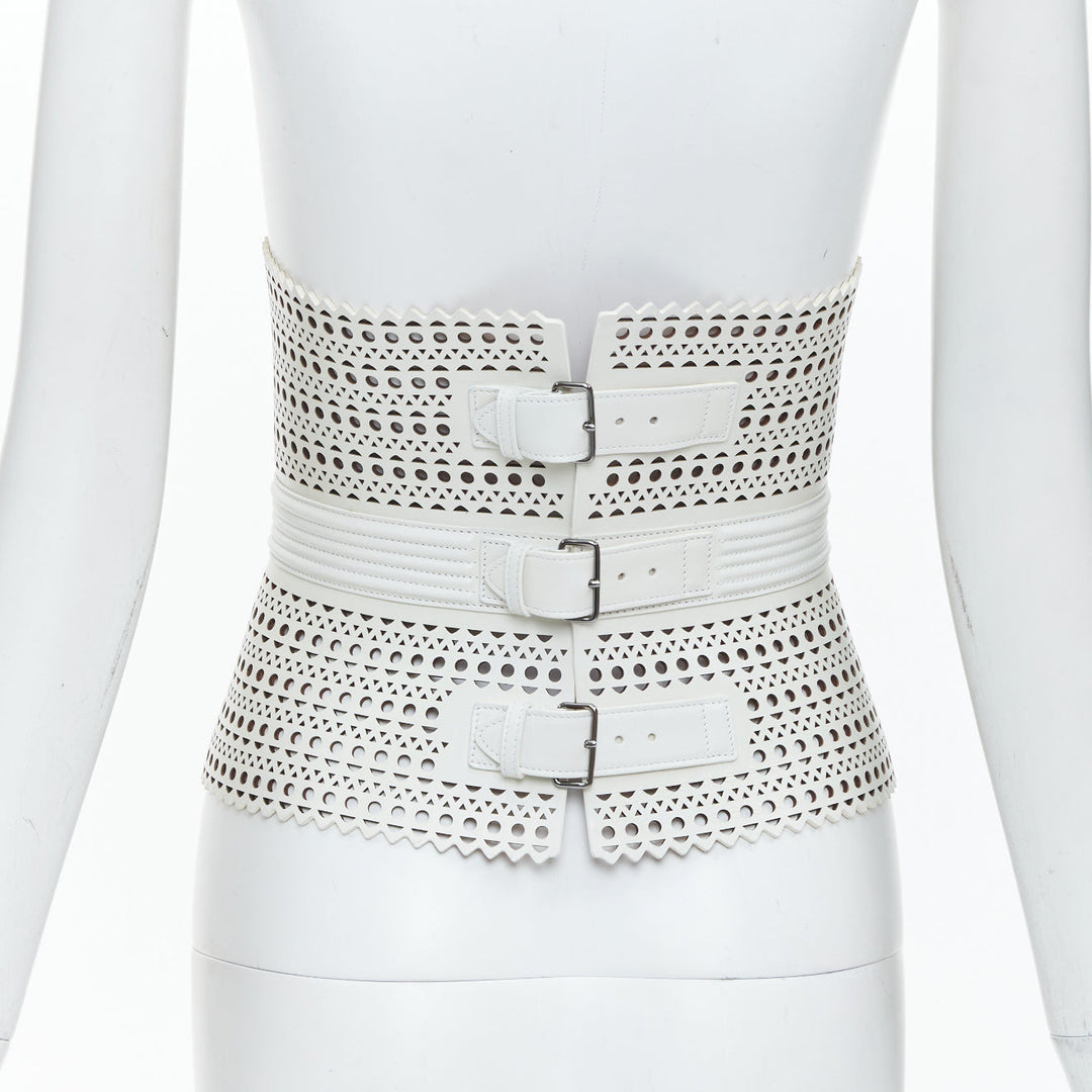 ALAIA Runway Le Corset Vienne laser cut white calfskin leather belt 65cm