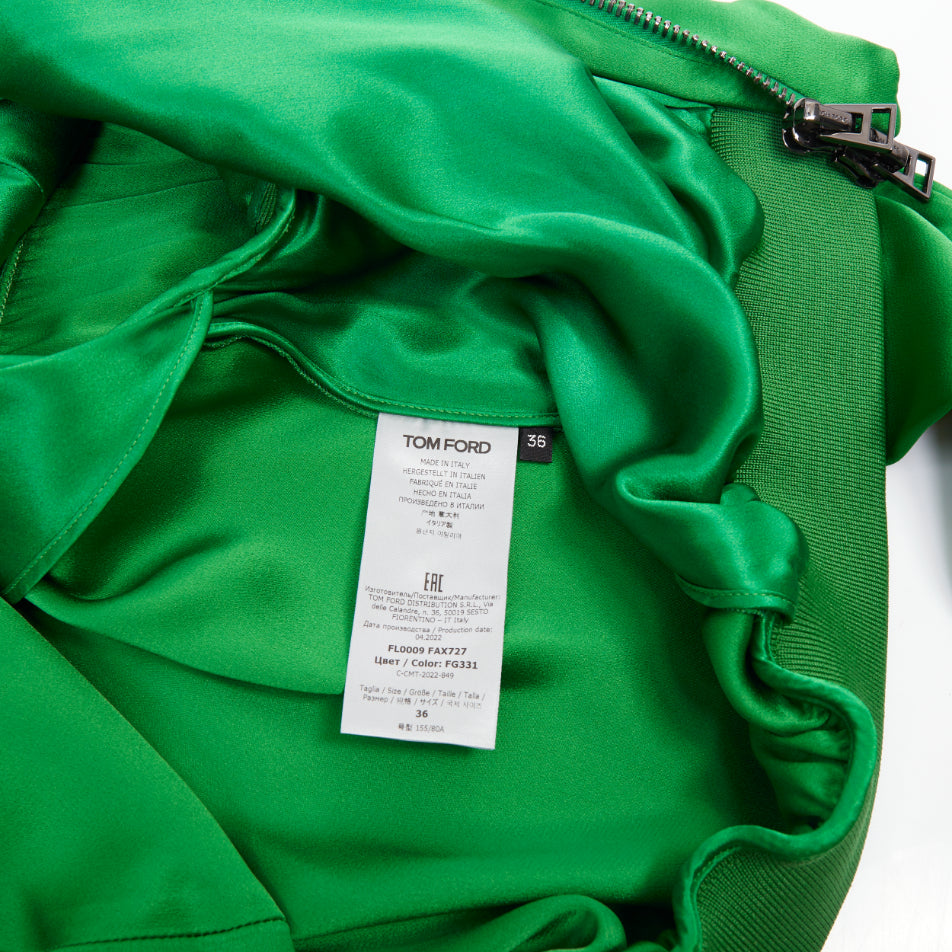 TOM FORD kelly green satin panel long sleeve zip up cropped bomber jacket FR36 S