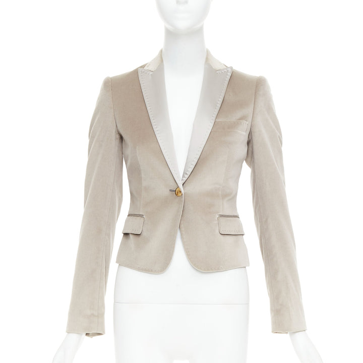 DOLCE GABBANA beige velvet satin peak lapel cropped tux blazer IT36 XXS