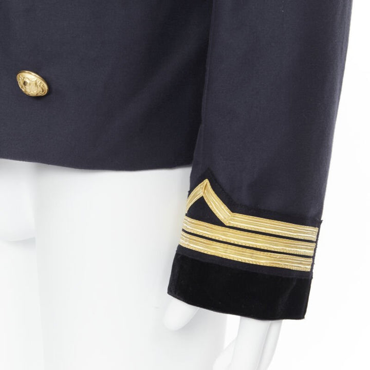BALMAIN navy cotton velvet military shawl collar double breasted jacket EU52