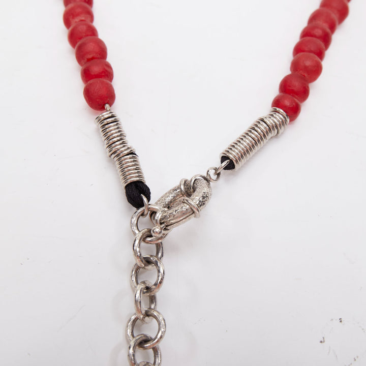 rare  YVES SAINT LAURENT 1980s Vintage red glass bead logo medallion necklace
