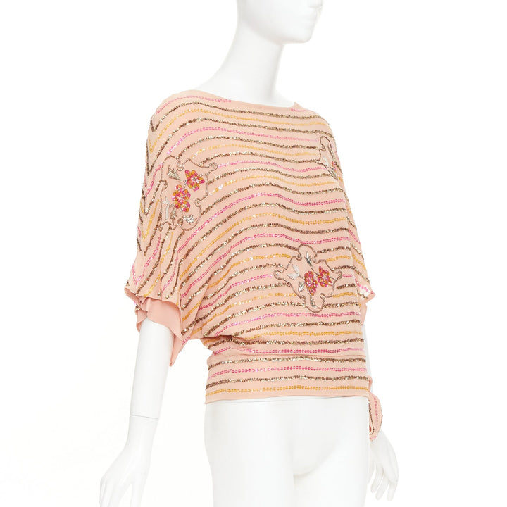 COLLETTE DINNIGAN blush pink 100% silk metallic sequin embellished lined top S