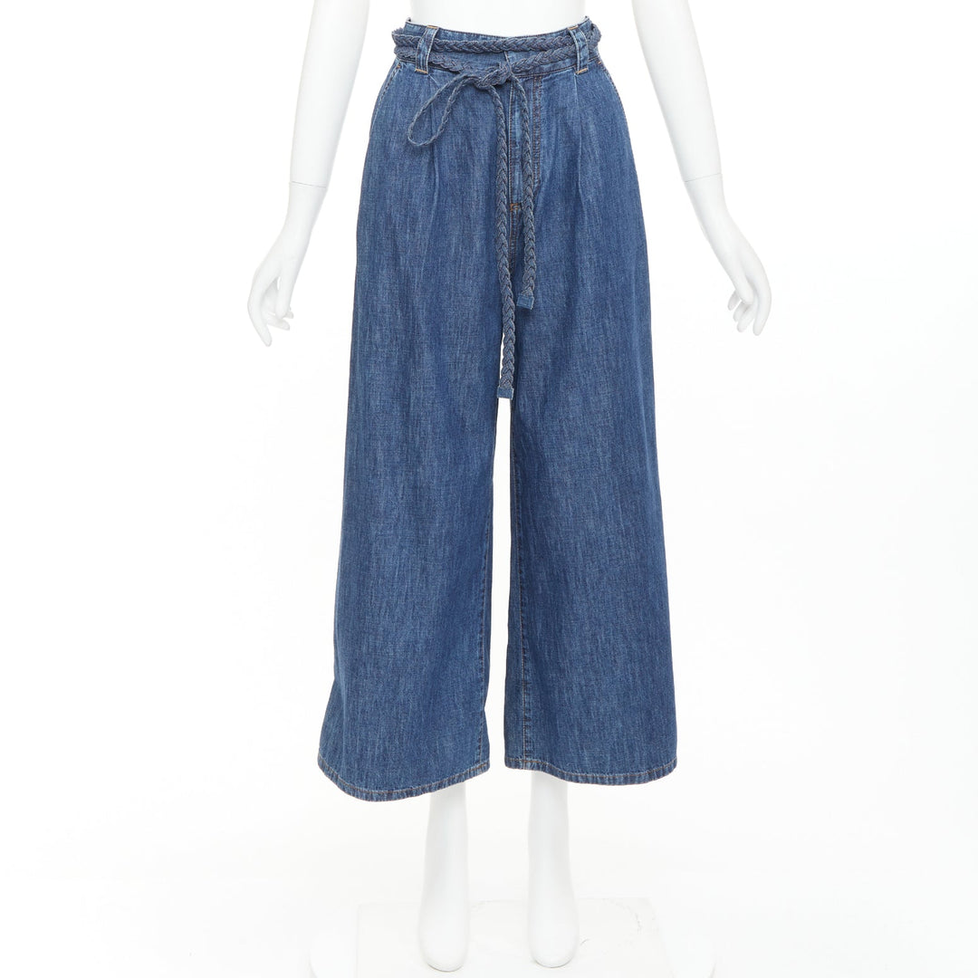 CHRISTIAN DIOR blue washed cotton braided wrap tie belt wide jeans FR34 XS