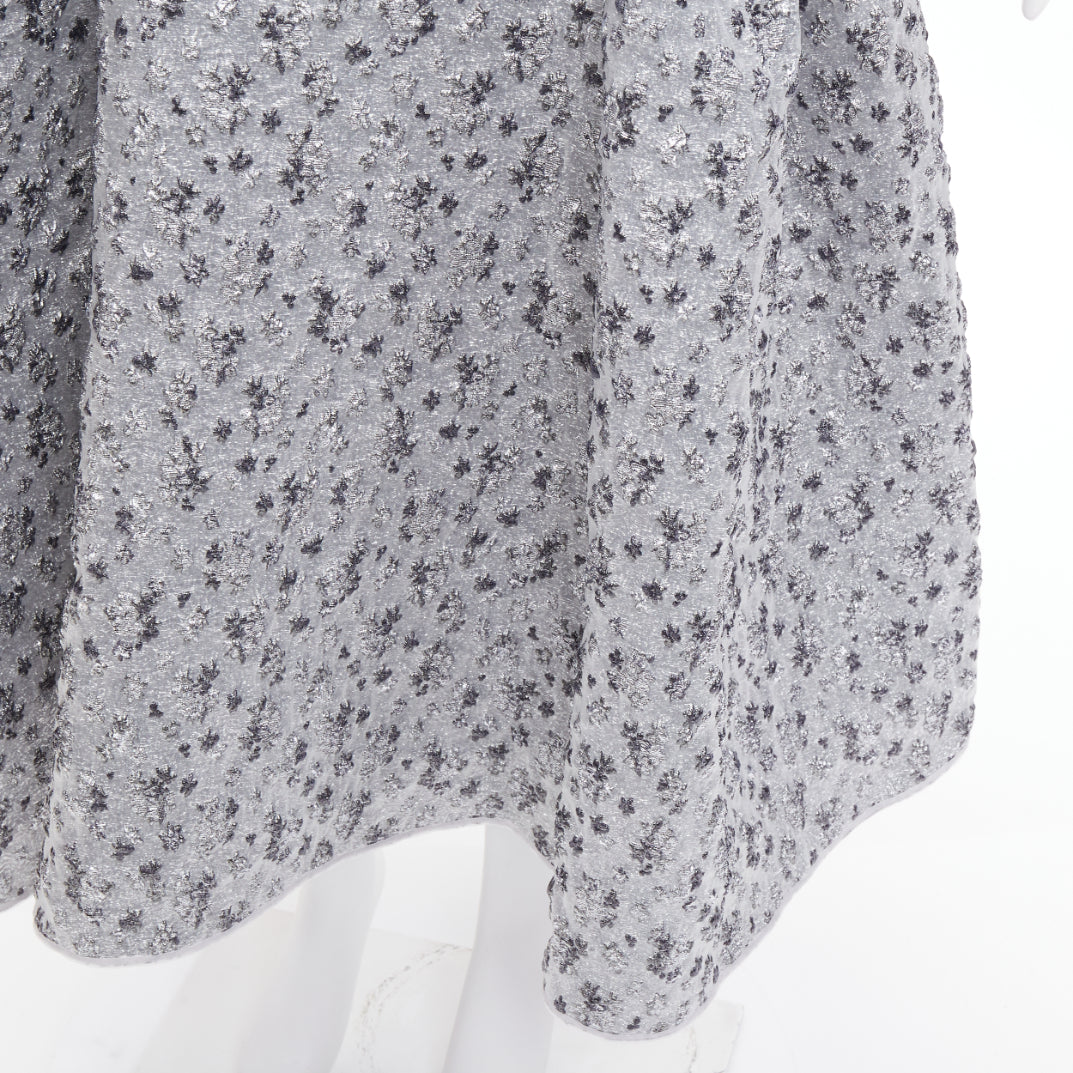 CECILIE BAHNSEN 2021 silver metallic cloque overlay flared midi skirt UK6 XS