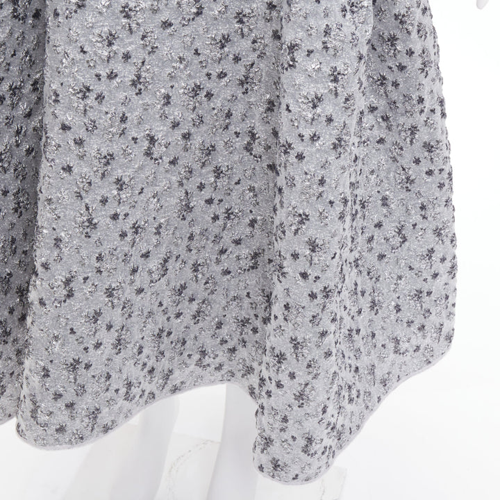 CECILIE BAHNSEN 2021 silver metallic cloque overlay flared midi skirt UK6 XS