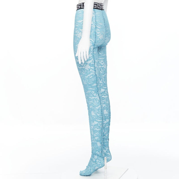 VERSACE Underwear Medusa Greca waist band blue floral lace tights L