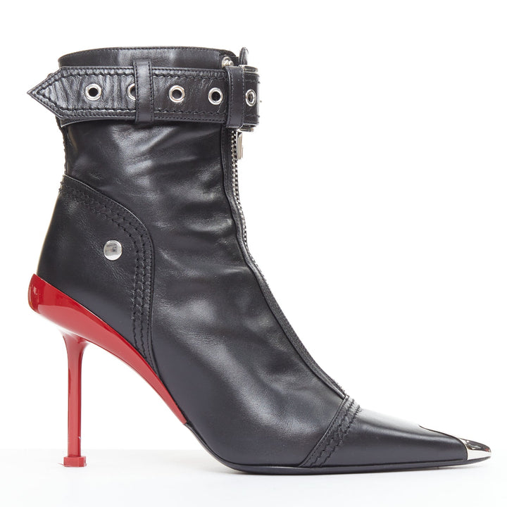 ALEXANDER MCQUEEN Slash black leather biker style red heeled boots EU39