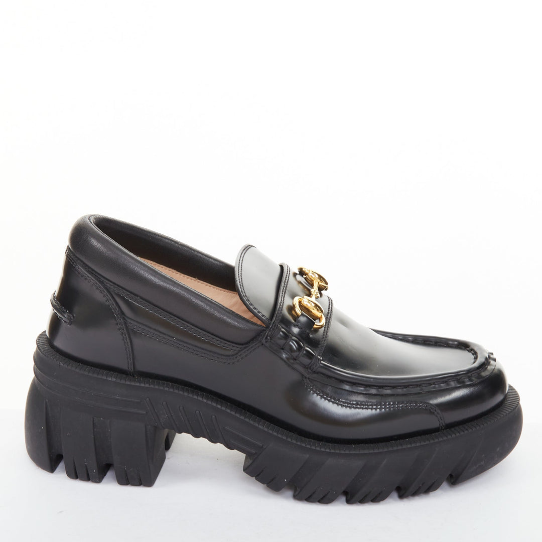 GUCCI Harald black leather chunky signature horsebit lug platform loafers EU37.5