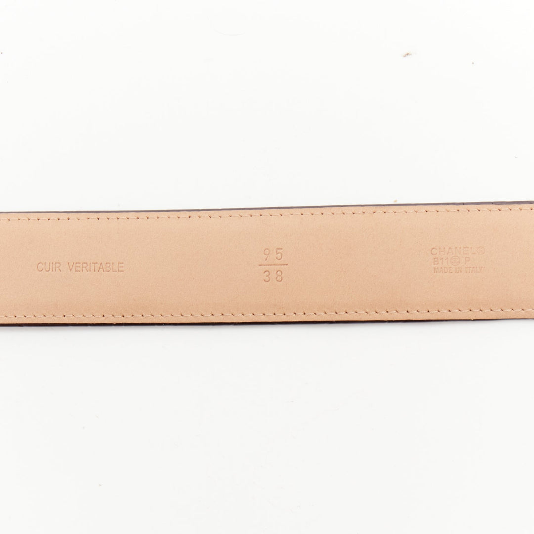CHANEL black patent leather matte gold-tone CC buckle camellia belt 95cm