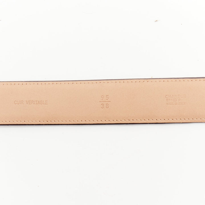 CHANEL black patent leather matte gold-tone CC buckle camellia belt 95cm