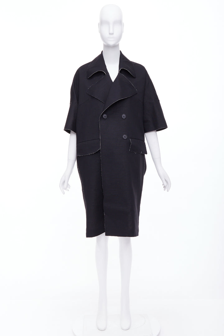 MARNI black wool linen frayed edge double breasted long coat IT38 XS