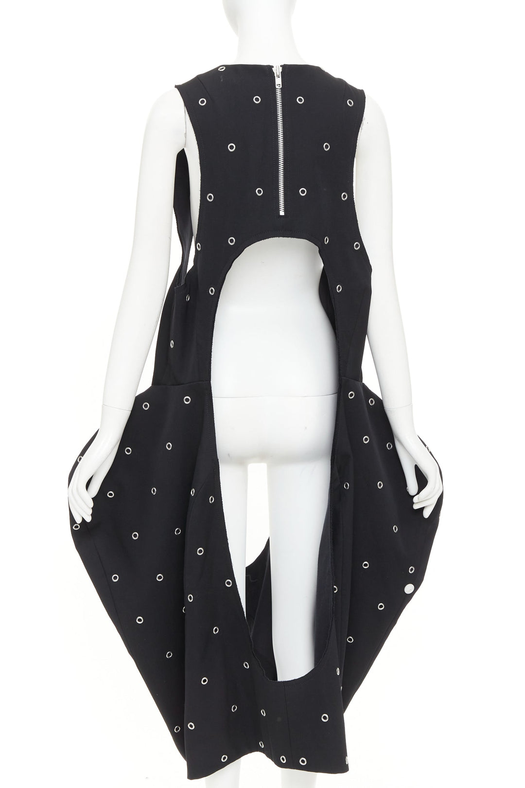 rare COMME DES GARCONS 2019 Runway wool silver grommet cut out pannier dress S