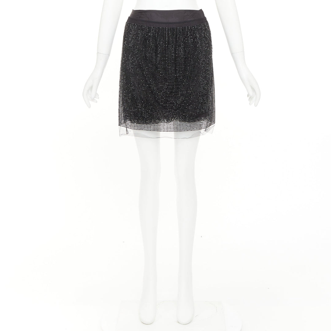 PRADA 2021 black crystal strass embellished cut out lace mini skirt IT38 XS